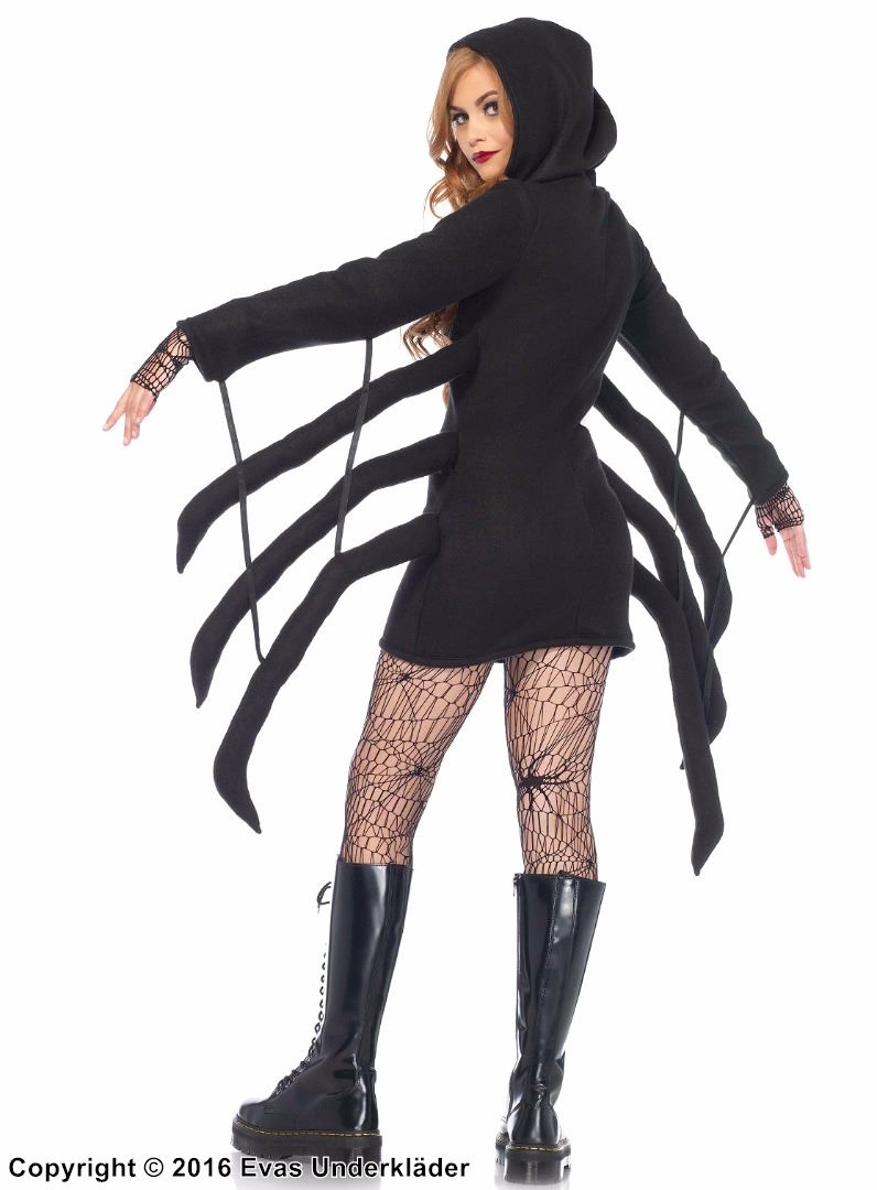 Spindel, maskeradklänning med långa ärmar, spindelben, dragkedja på framsidan och huva
